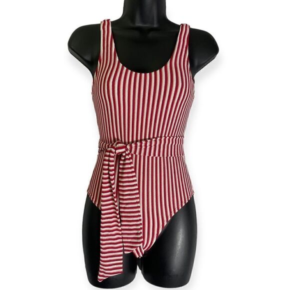 Peony Swimwear Poolside One Piece Swimsuit with Tie Red White - Picture 1 of 14